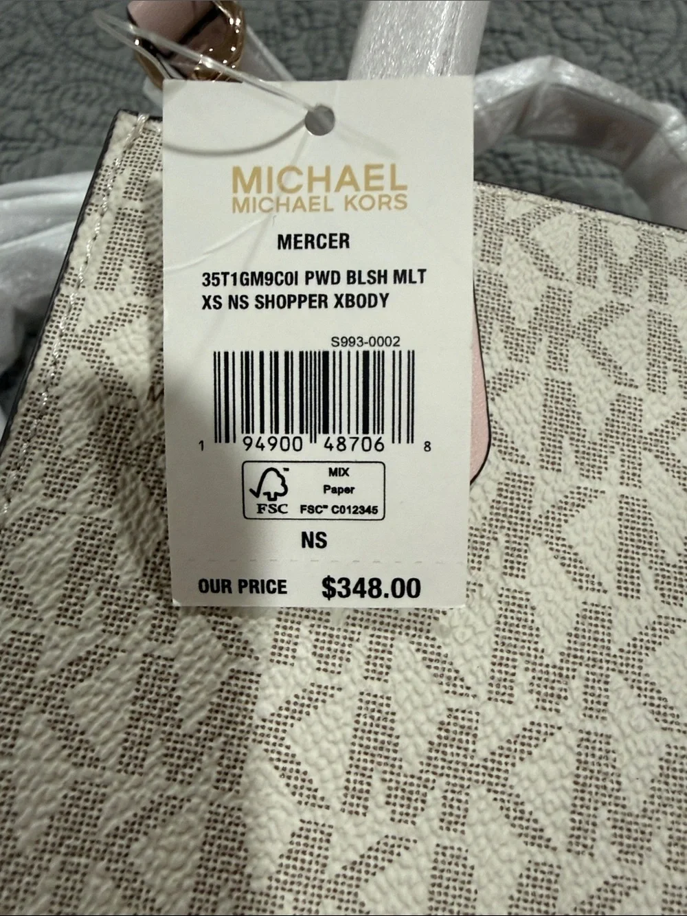 NWT Michael Kors Mercer Cream Monogram Mini Tote with Powdered Blush Trim
